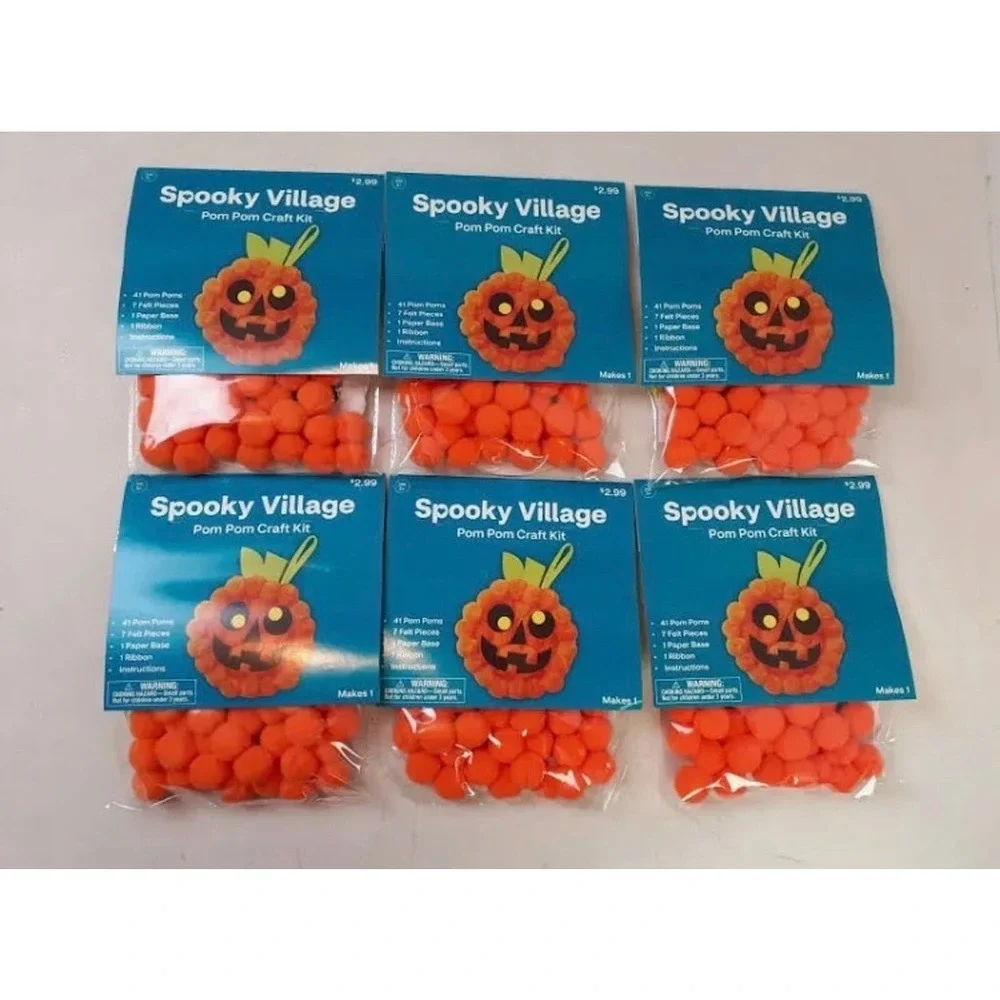 Halloween Pom Pom Craft Kit Pumpkin Jack-O-Lantern Ornament lot of 6 preschool